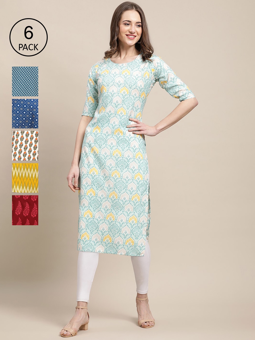 

7Threads Women Pack of 6 Blue & Yellow Geometric Striped Crepe Kurtas