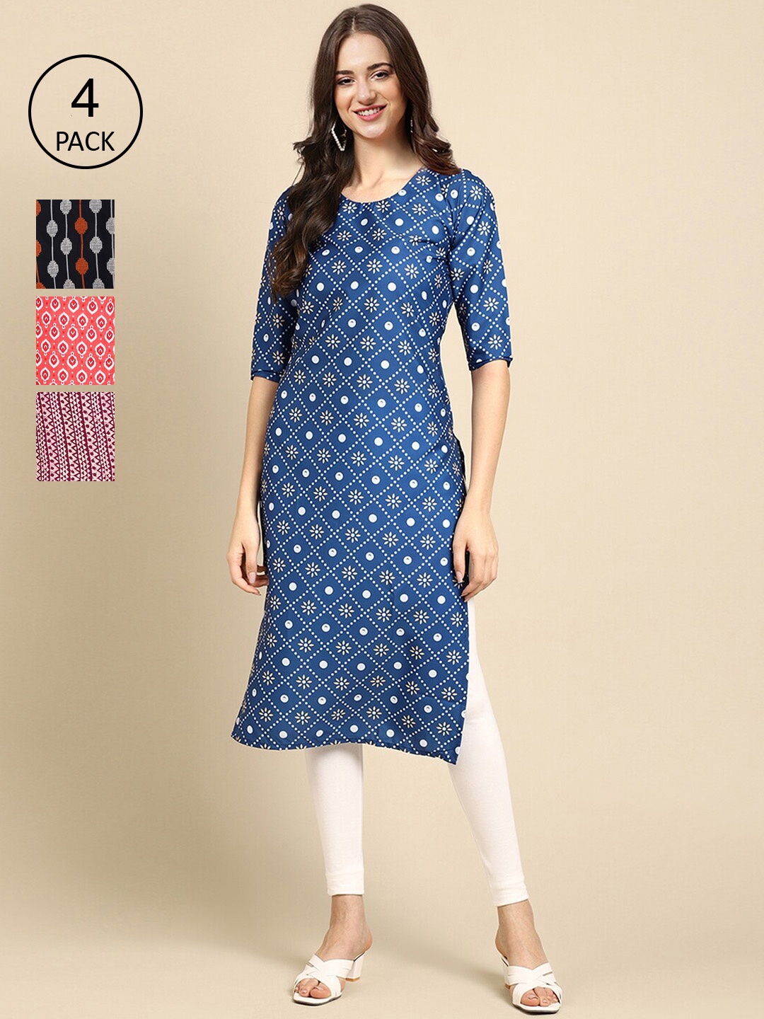 

7Threads Women Pack of 4 Multicoloured Geometric Crepe Kurtas, Multi