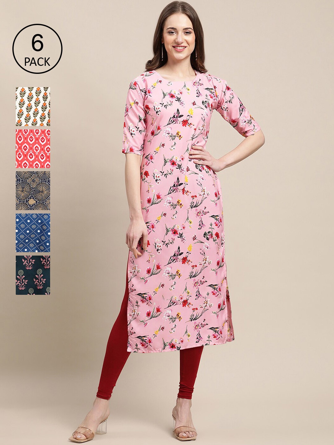 

7Threads Women Pack Of 6 Floral Printed Crepe Kurta, Na