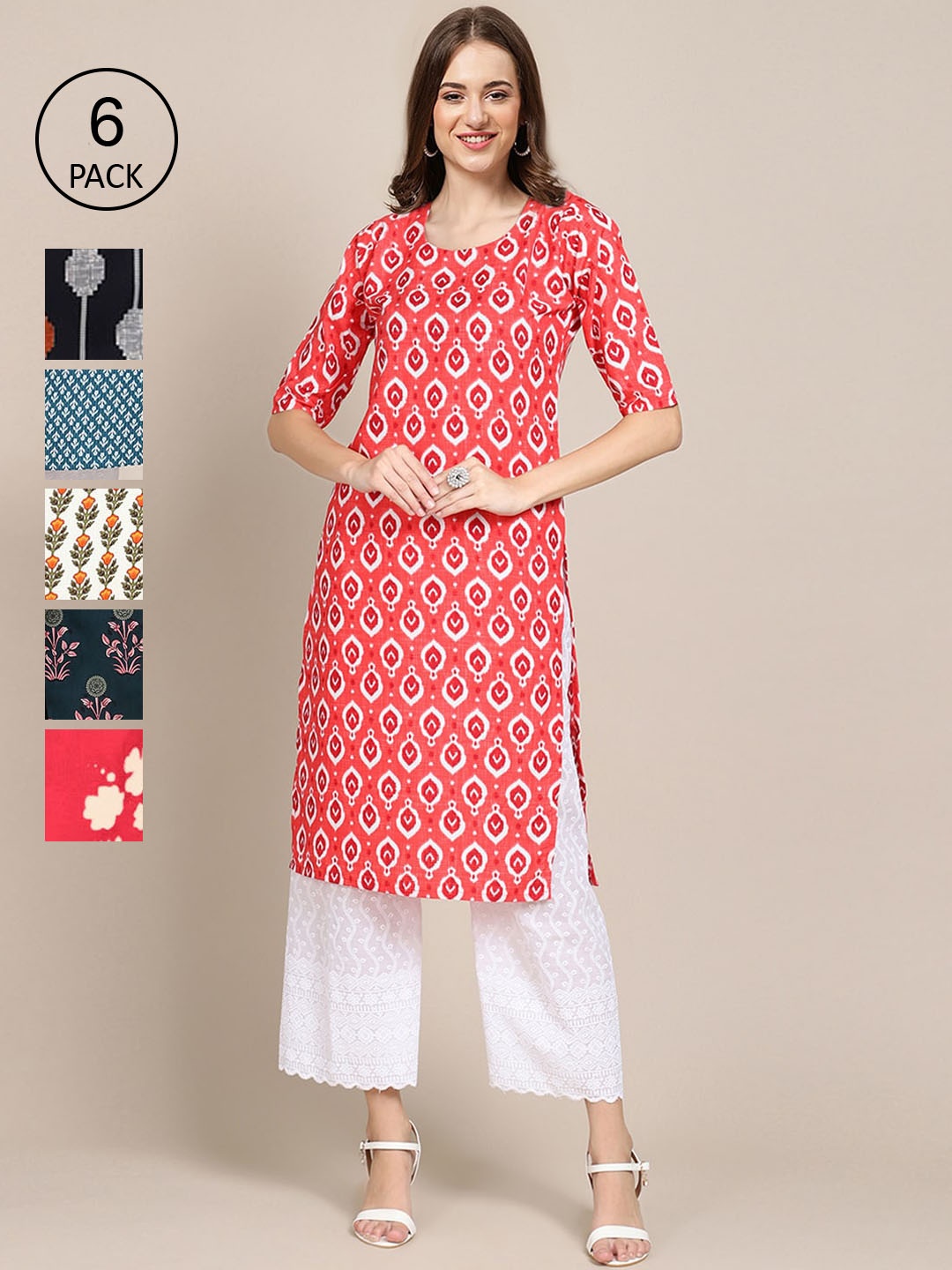 

7Threads Women Pack of 6 Printed Crepe Kurtas, Orange