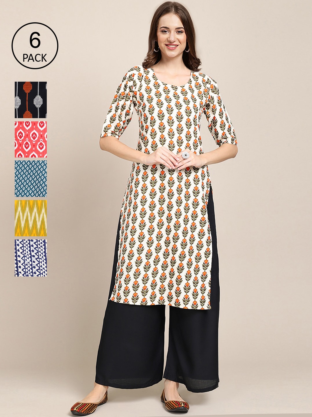 

7Threads Women Pack Of 6 Black & Yellow Ethnic Motifs Printed Crepe Kurta