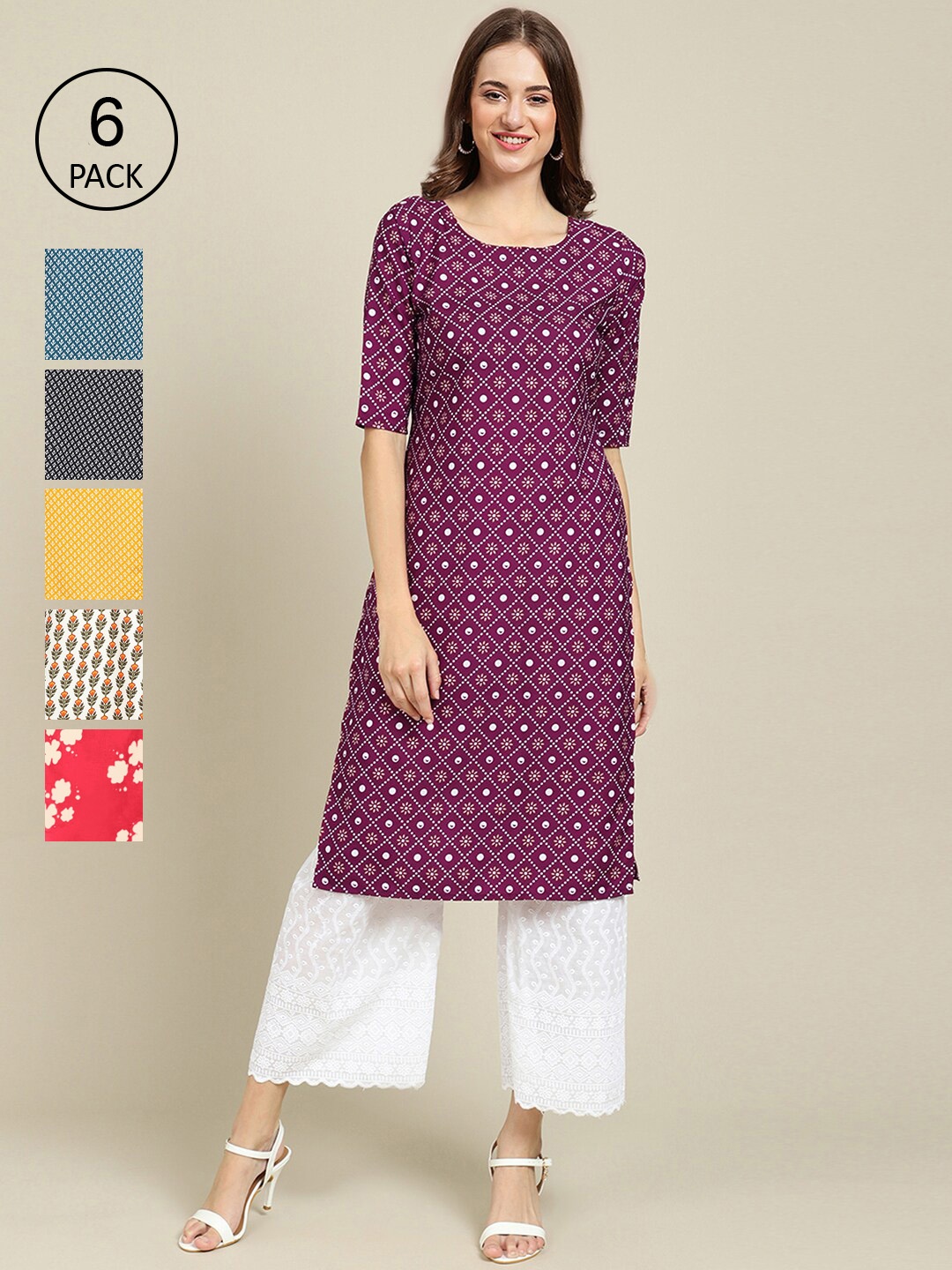 

7Threads Women Pack Of 6 Printed Crepe Kurta, Maroon