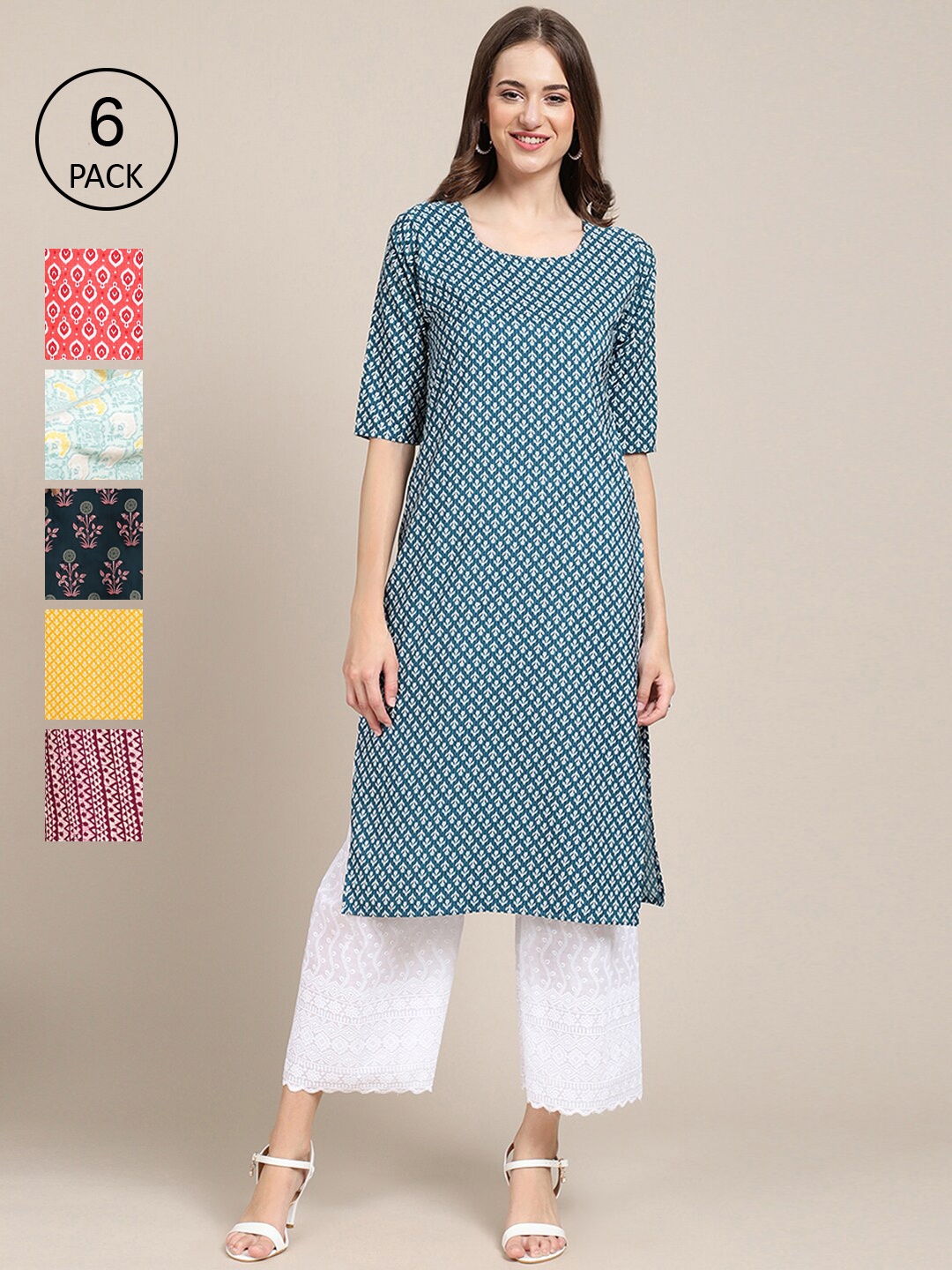 7Threads Women Pack of 6 Block Print Crepe Kurta, Teal