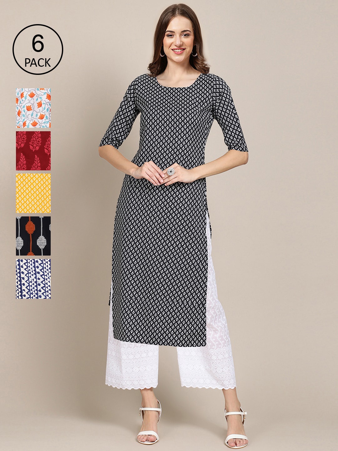 

7Threads Women Pack Of 6 Geometric Printed Crepe Kurta, Black