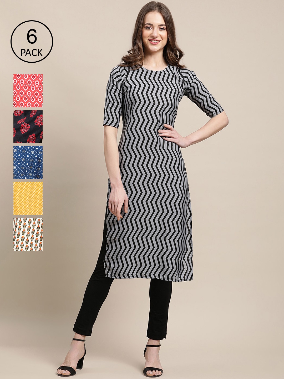 

7Threads Women Pack Of 6 Geometric Printed Crepe Kurta, Black