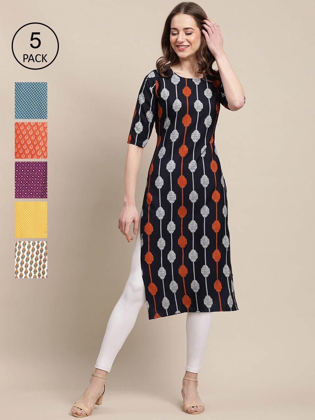

7Threads Women Pack of 5 Black & Blue Geometric Printed Crepe Kurta