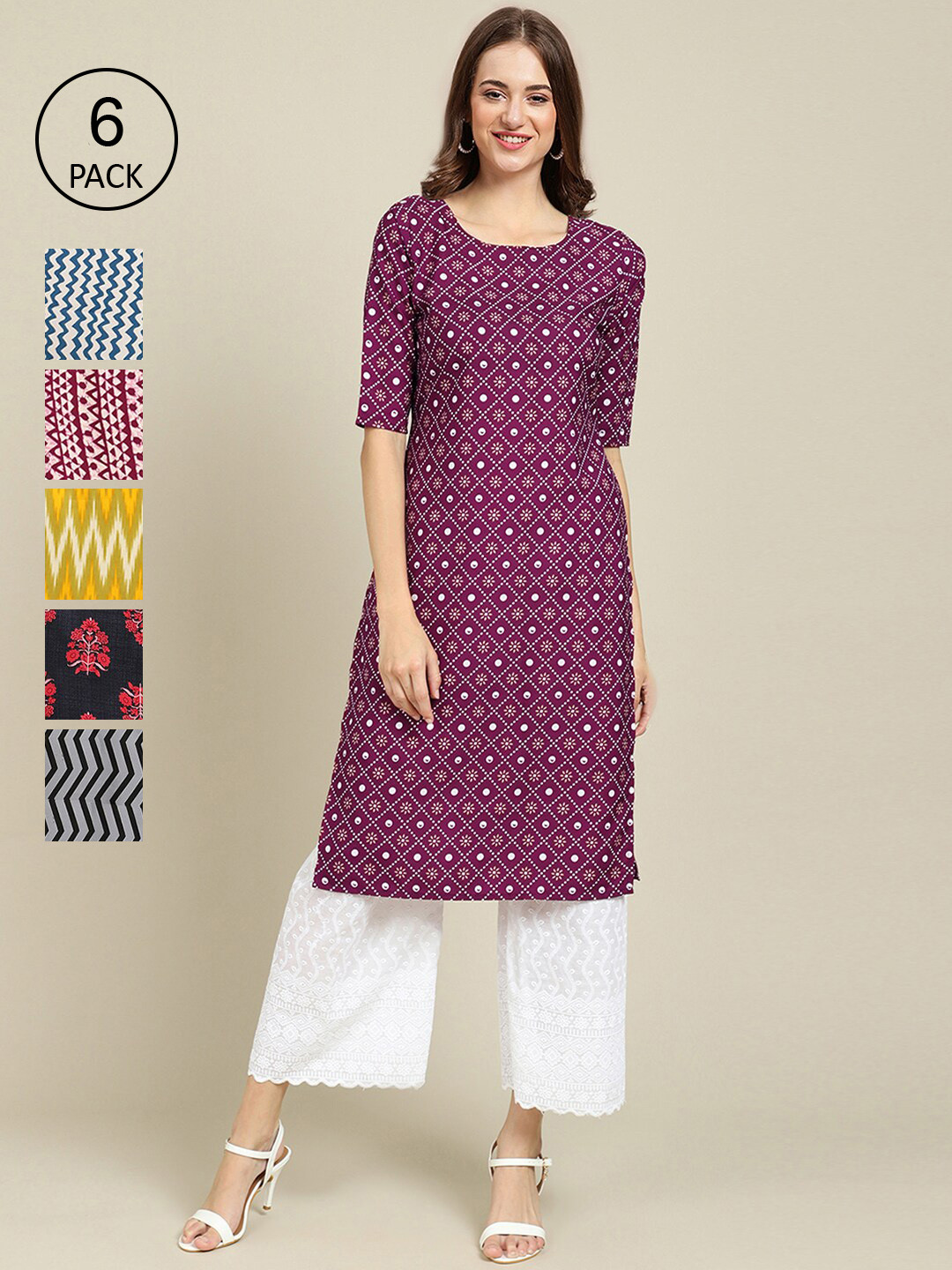 

7Threads Women Pack Of 6 Floral Printed Crepe Straight Kurta, Yellow