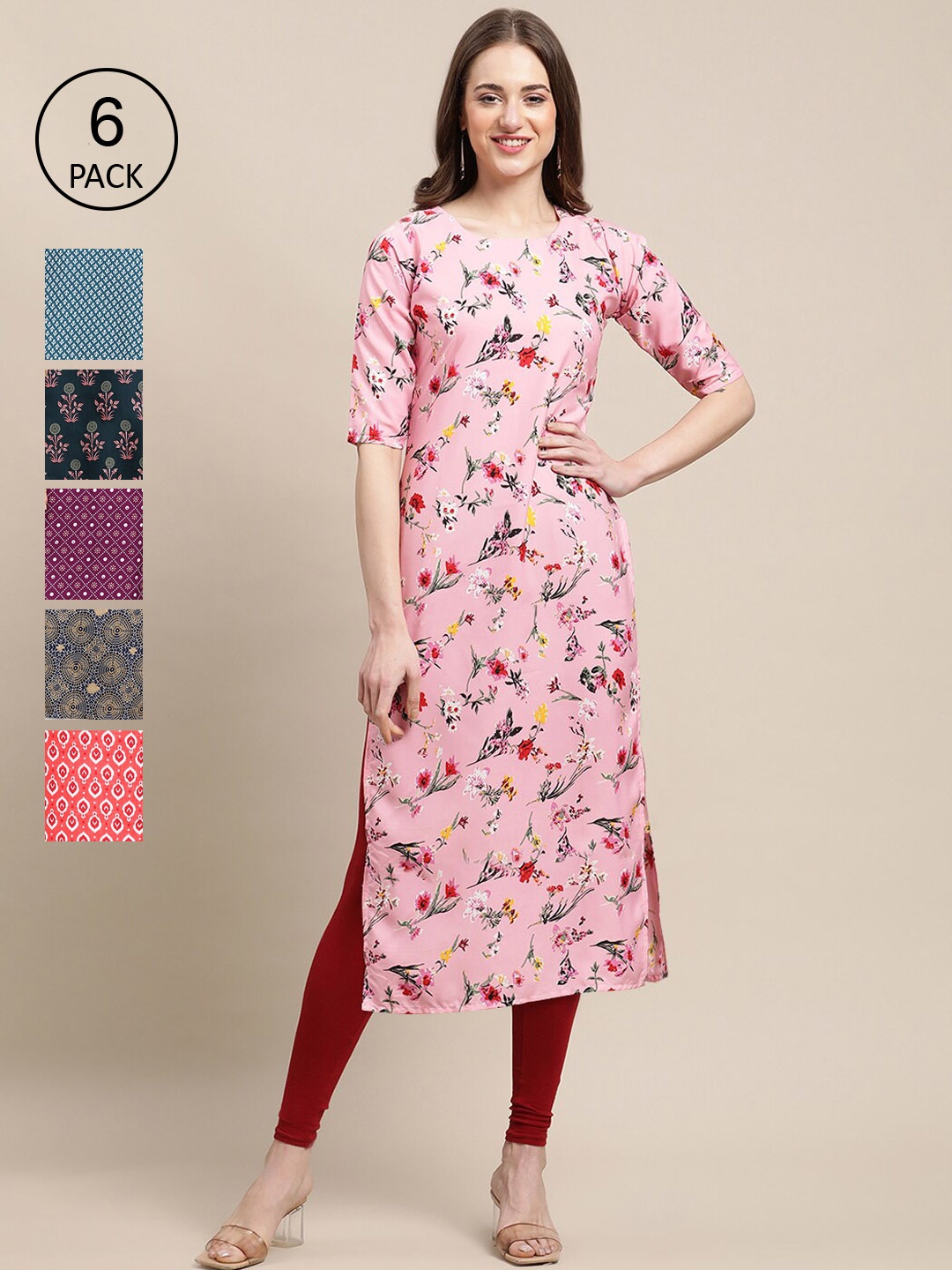 

7Threads Women Pack Of 6 Floral Printed Crepe Kurta, Pink