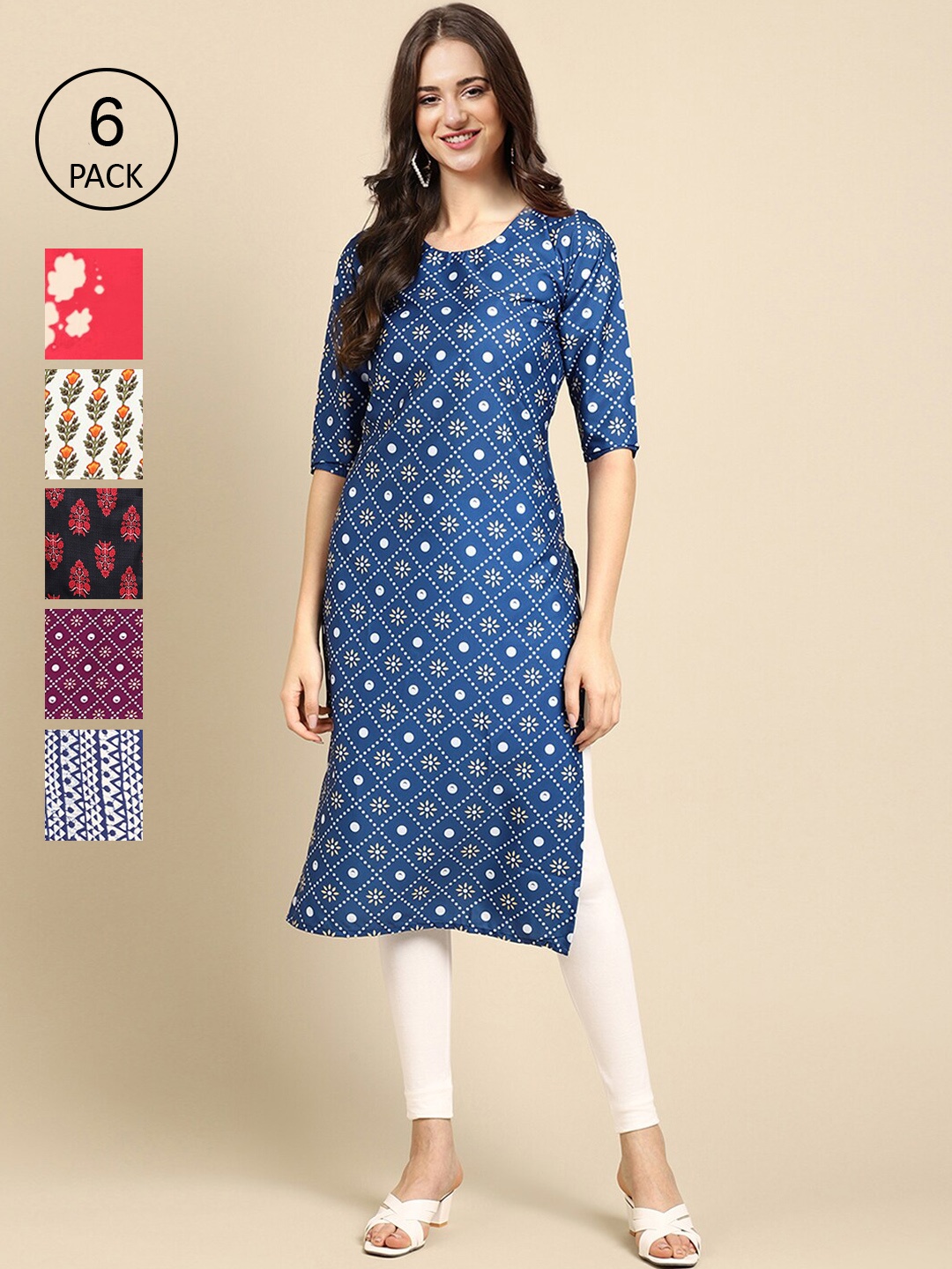

7Threads Pack of 6 Women Blue & Purple Ethnic Motifs Printed Crepe Kurta