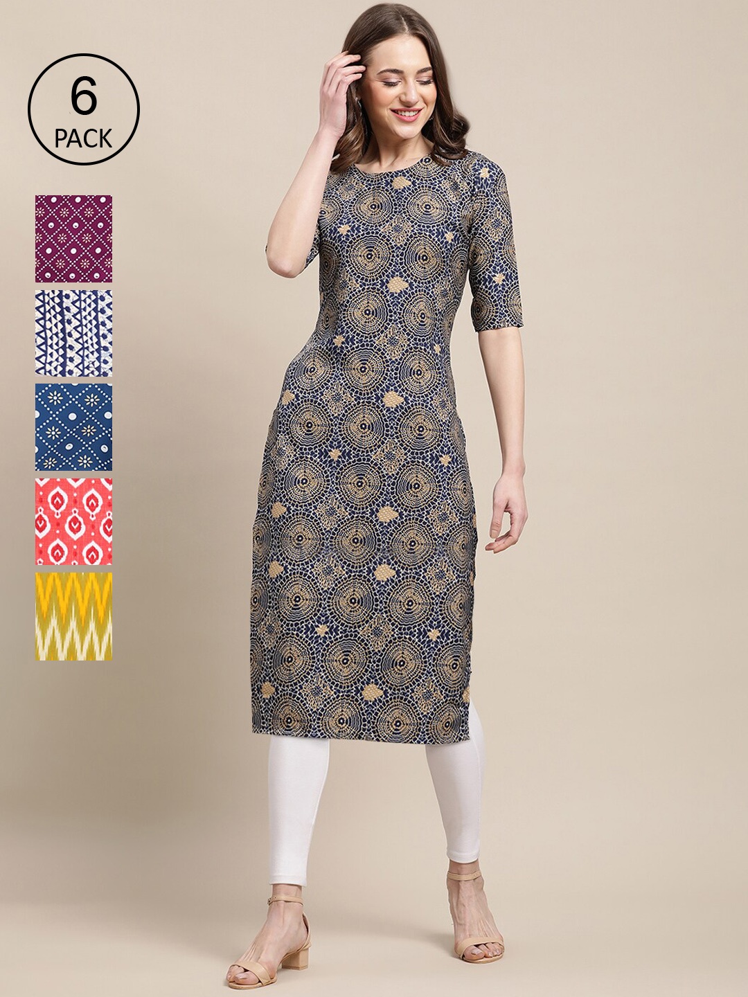 

7Threads Pack of 6 Women Yellow & Blue Geometric Printed Crepe Kurta