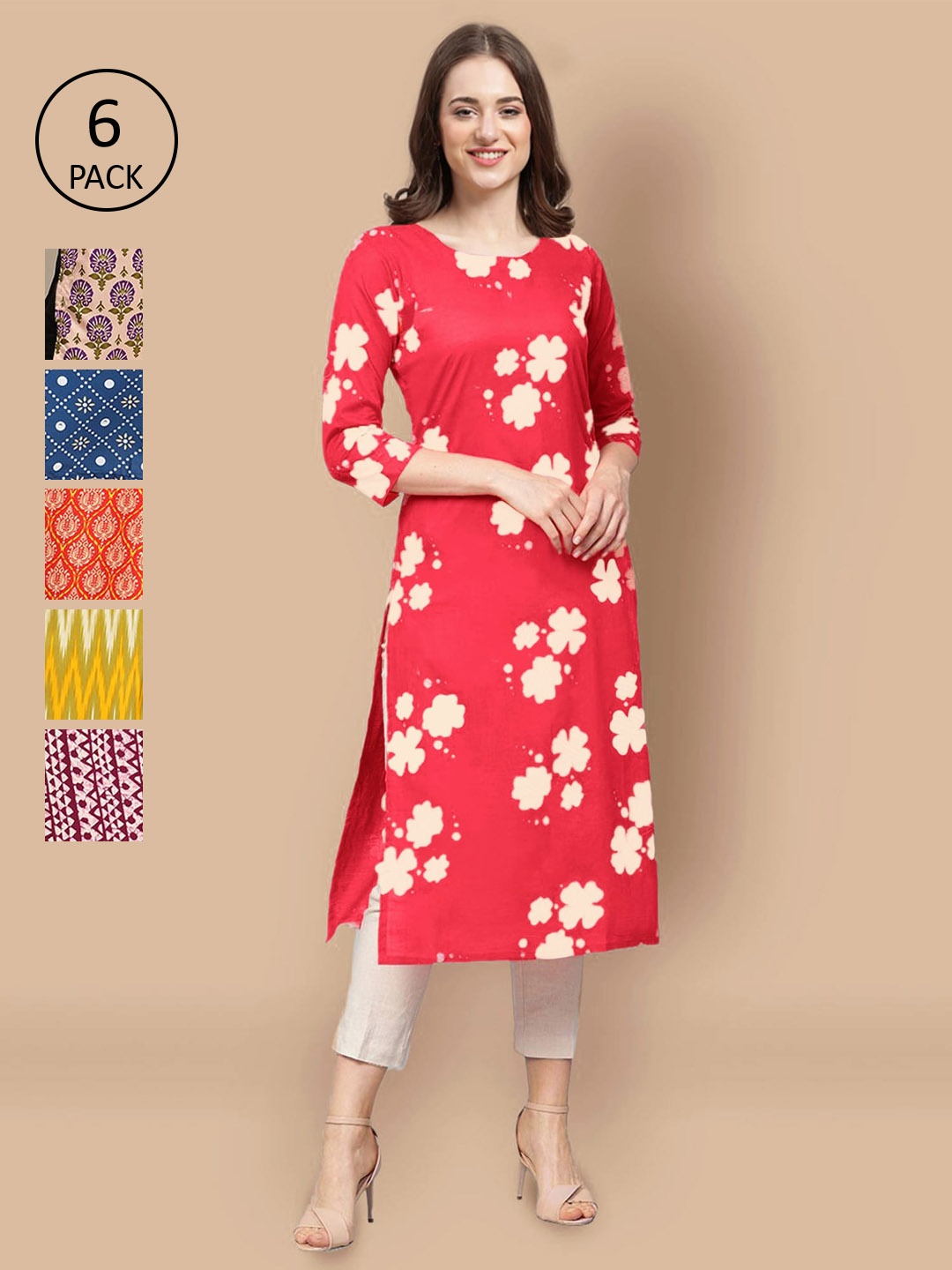 

7Threads Pack of 6 Women Blue & Yellow Ethnic Motifs Printed Crepe Kurta