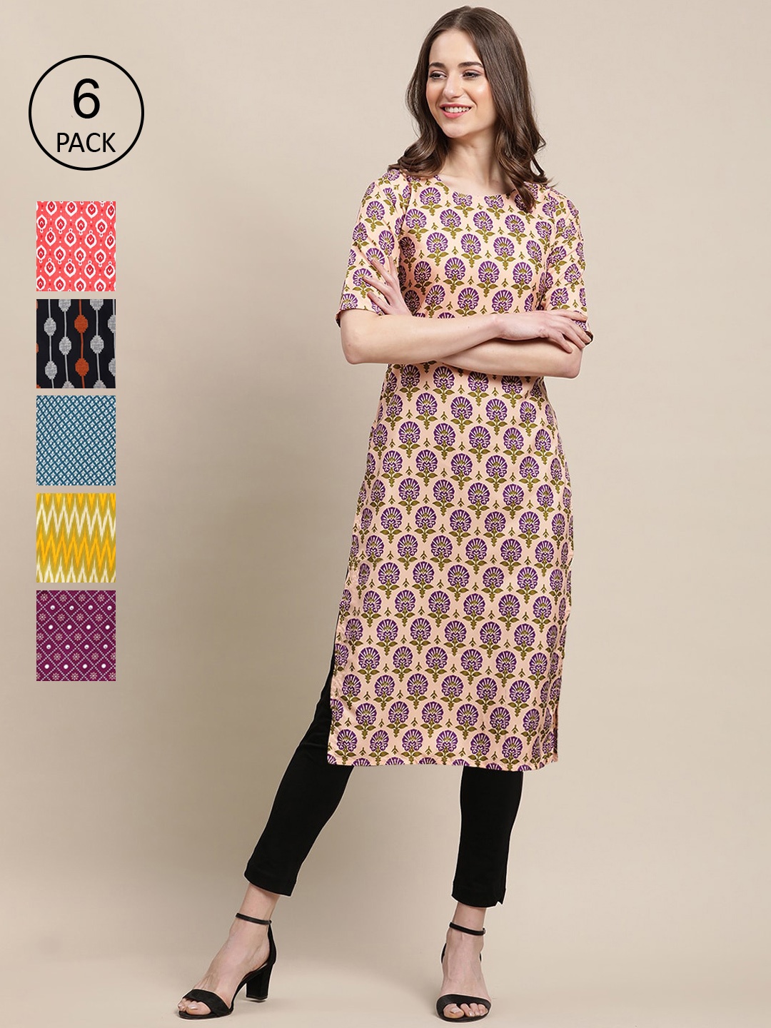 

7Threads Pack of 6 Women Beige & Black Geometric Printed Crepe Kurta