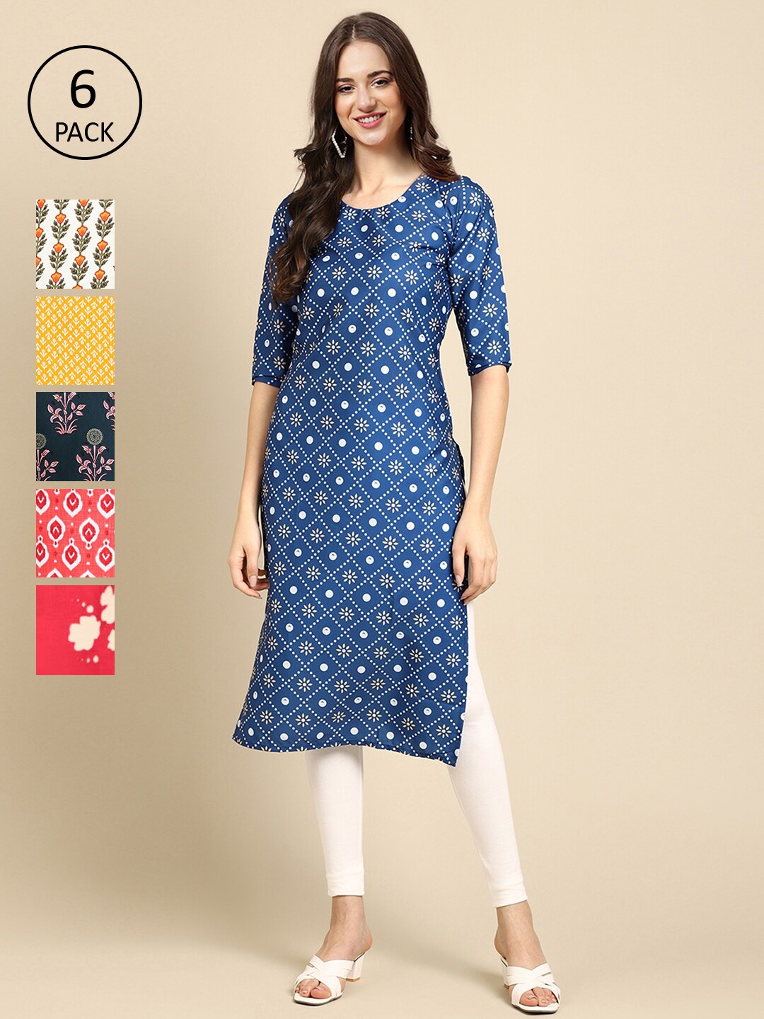 

7Threads Pack of 6 Women Off White & Blue Ethnic Motifs Printed Crepe Kurta