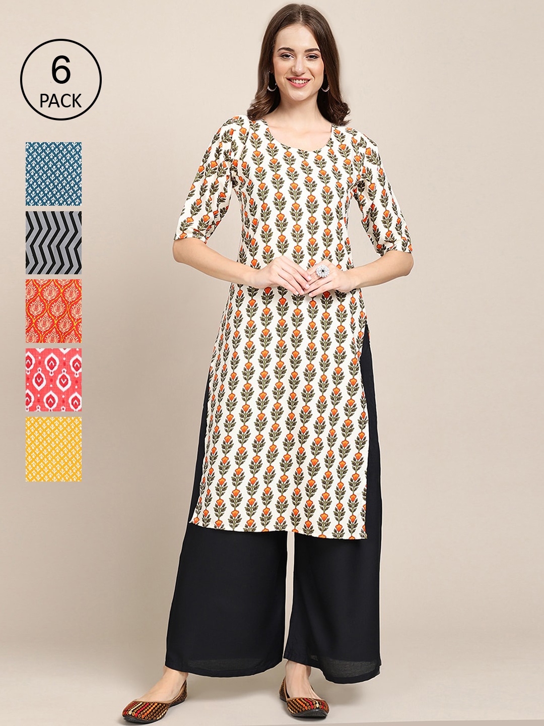 

7Threads Pack of 6 Women Beige & Pink Geometric Printed Crepe Kurta