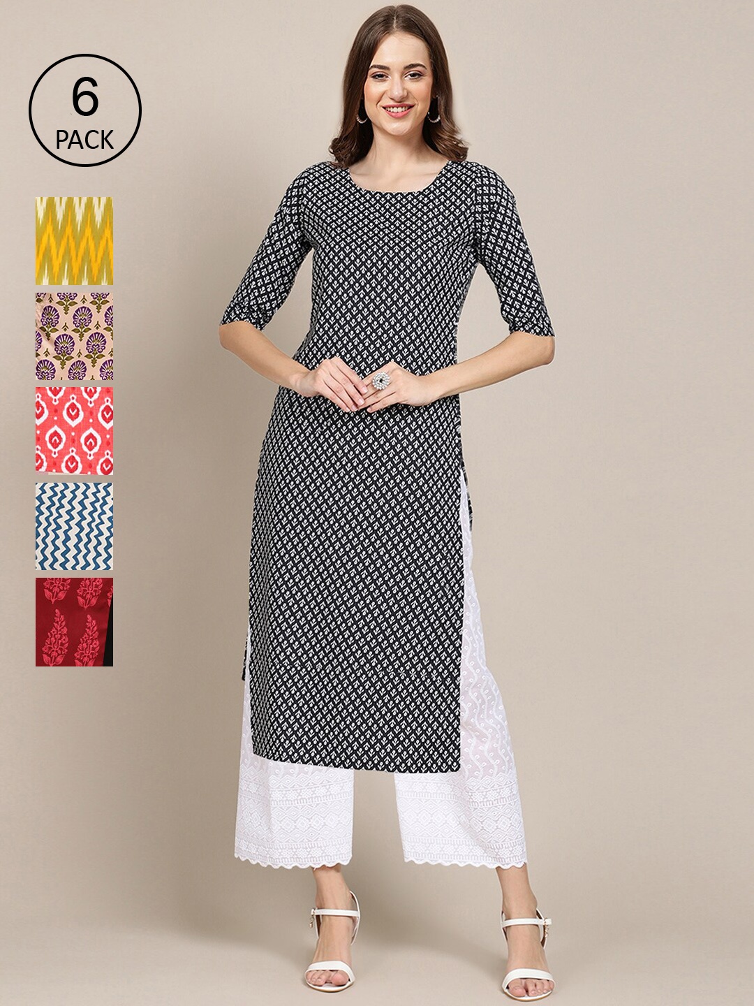 

7Threads Women Pack Of 6 Geometric Printed Crepe Kurta, Multi
