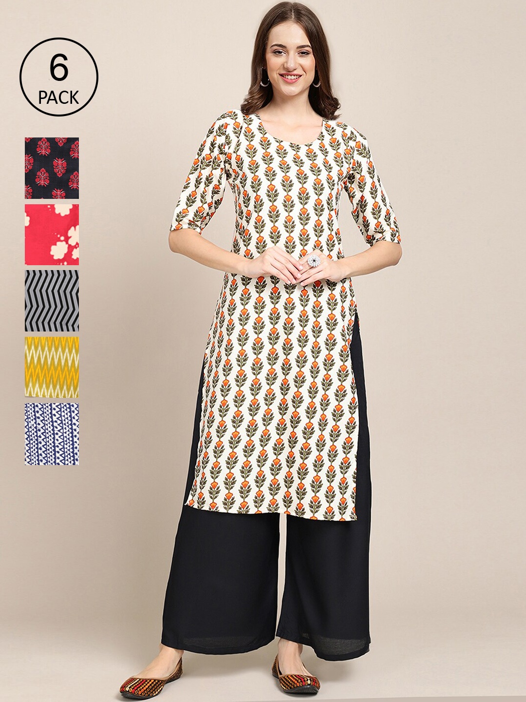 7Threads Women Pack of 6 Beige & Black Ethnic Motifs Printed Crepe Kurta