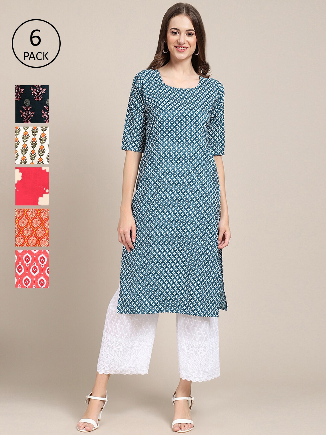 

7Threads Pack of 6 Women Blue & Orange Ethnic Motifs Printed Crepe Kurta