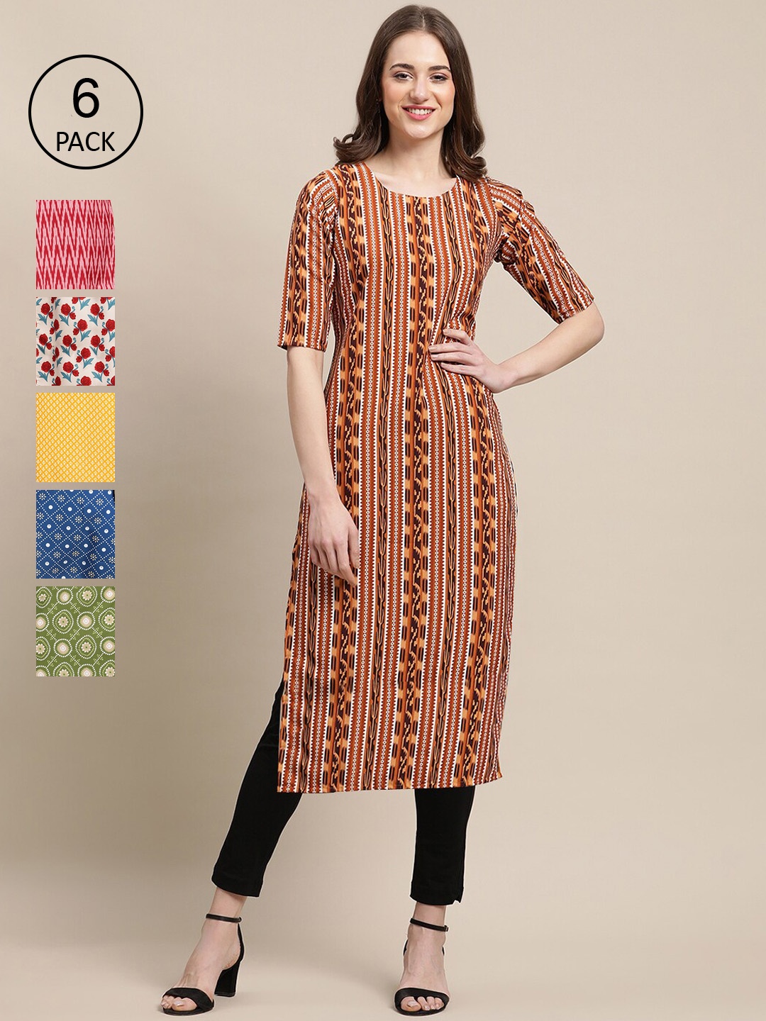 

7Threads Pack of 6 Women Brown & Yellow Geometric Printed Crepe Kurta