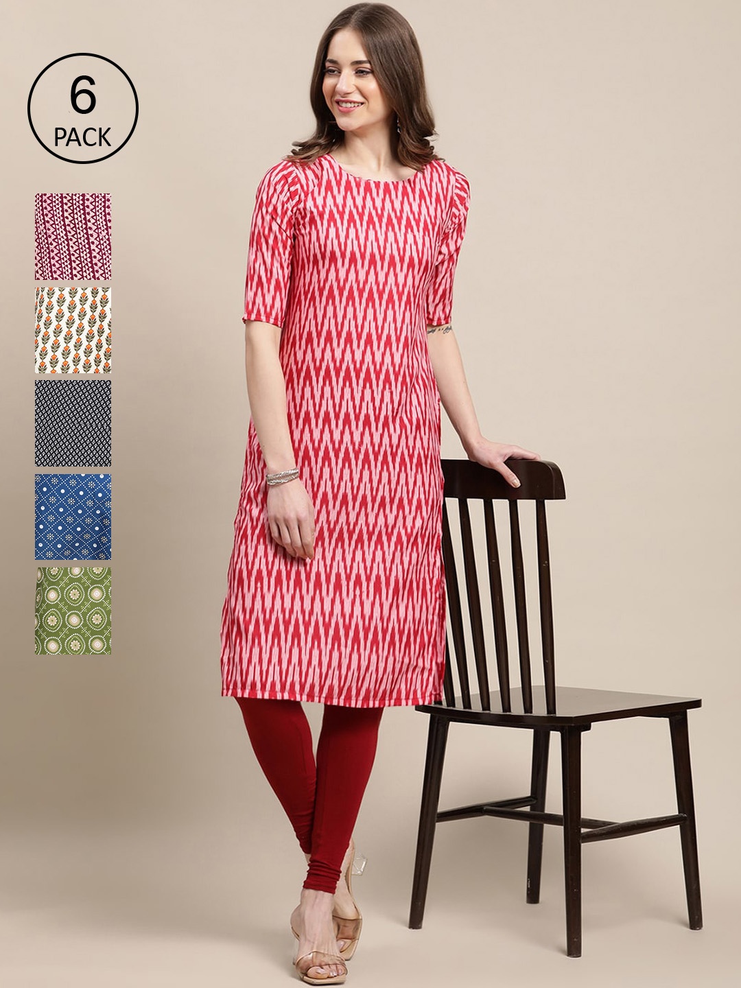 

7Threads Pack of 6 Women Green & Red Ethnic Motifs Printed Crepe Kurta