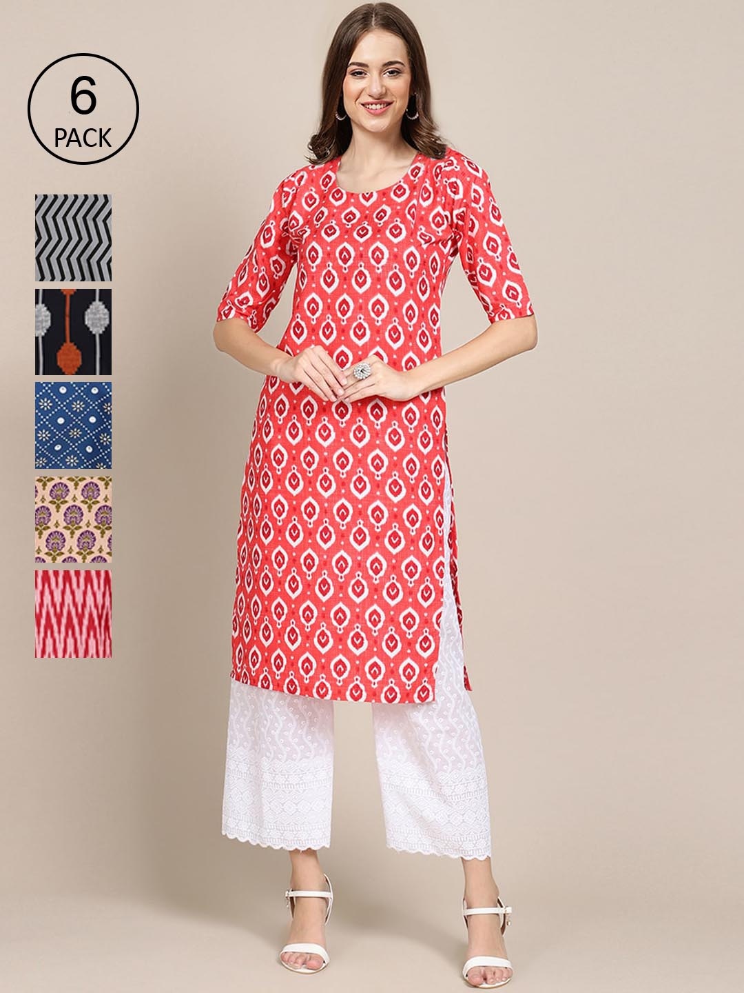 

7Threads Pack of 6 Women Black & Red Geometric Printed Crepe Kurta