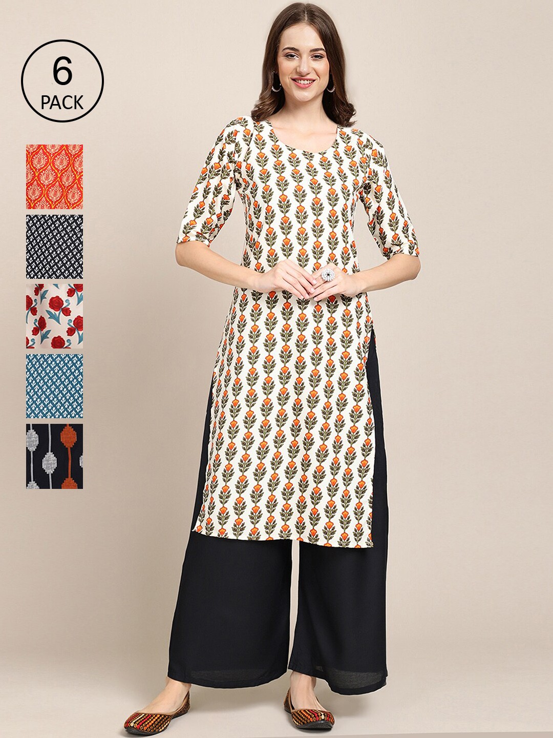 

7Threads Pack of 6 Women Beige & Orange Geometric Printed Crepe Kurta