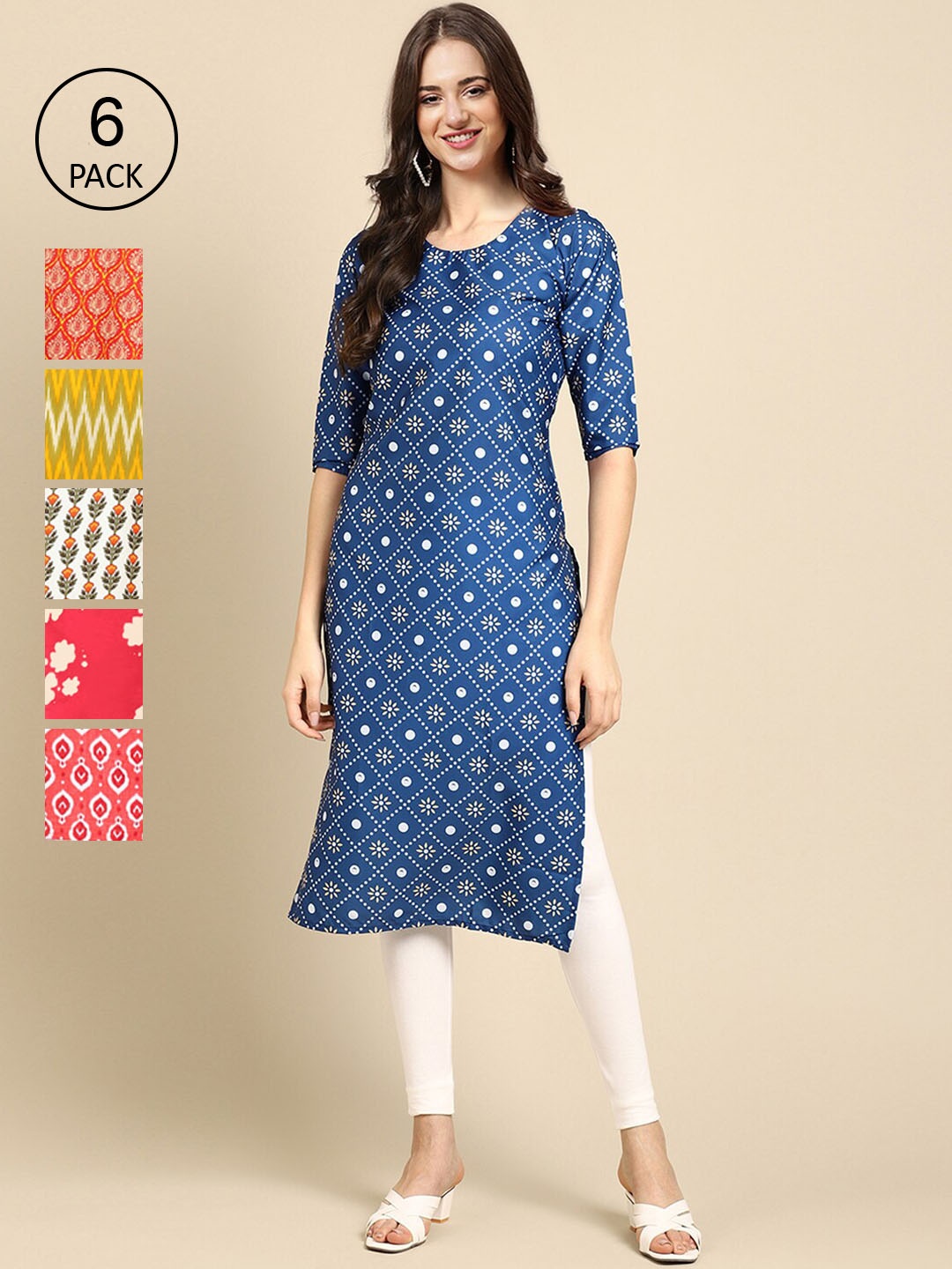 

7Threads Women Pack Of 6 Geometric Printed Crepe Straight Kurta, Blue