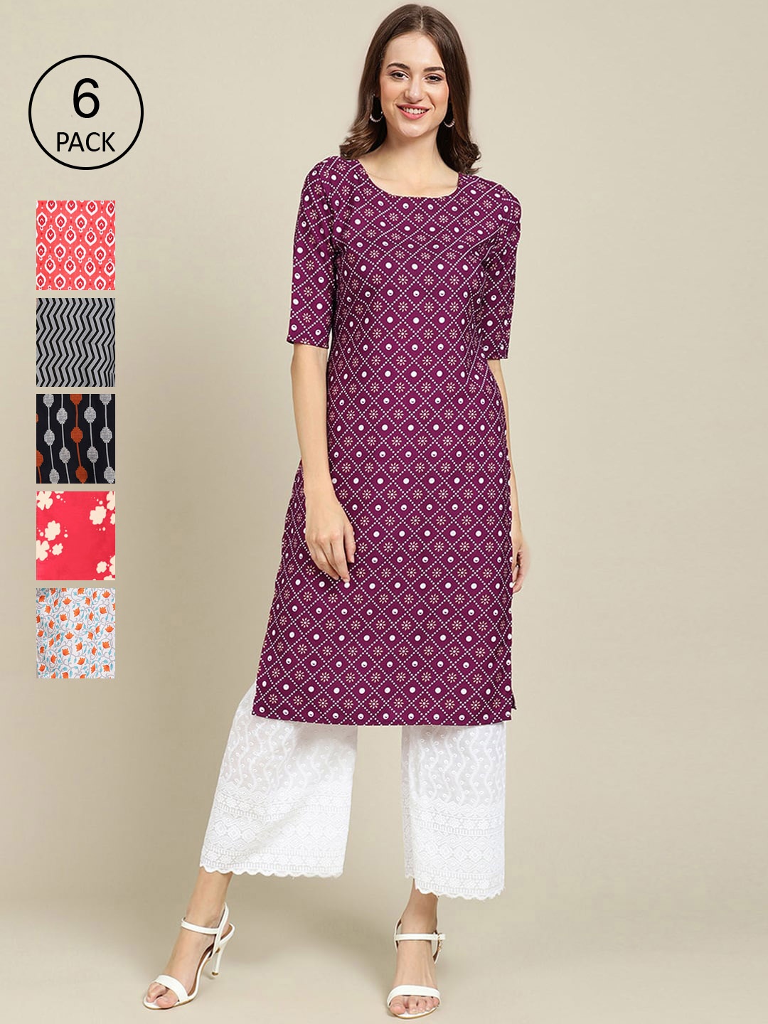 7Threads Women Purple & Red Pack of 6 Floral Printed Crepe Kurta