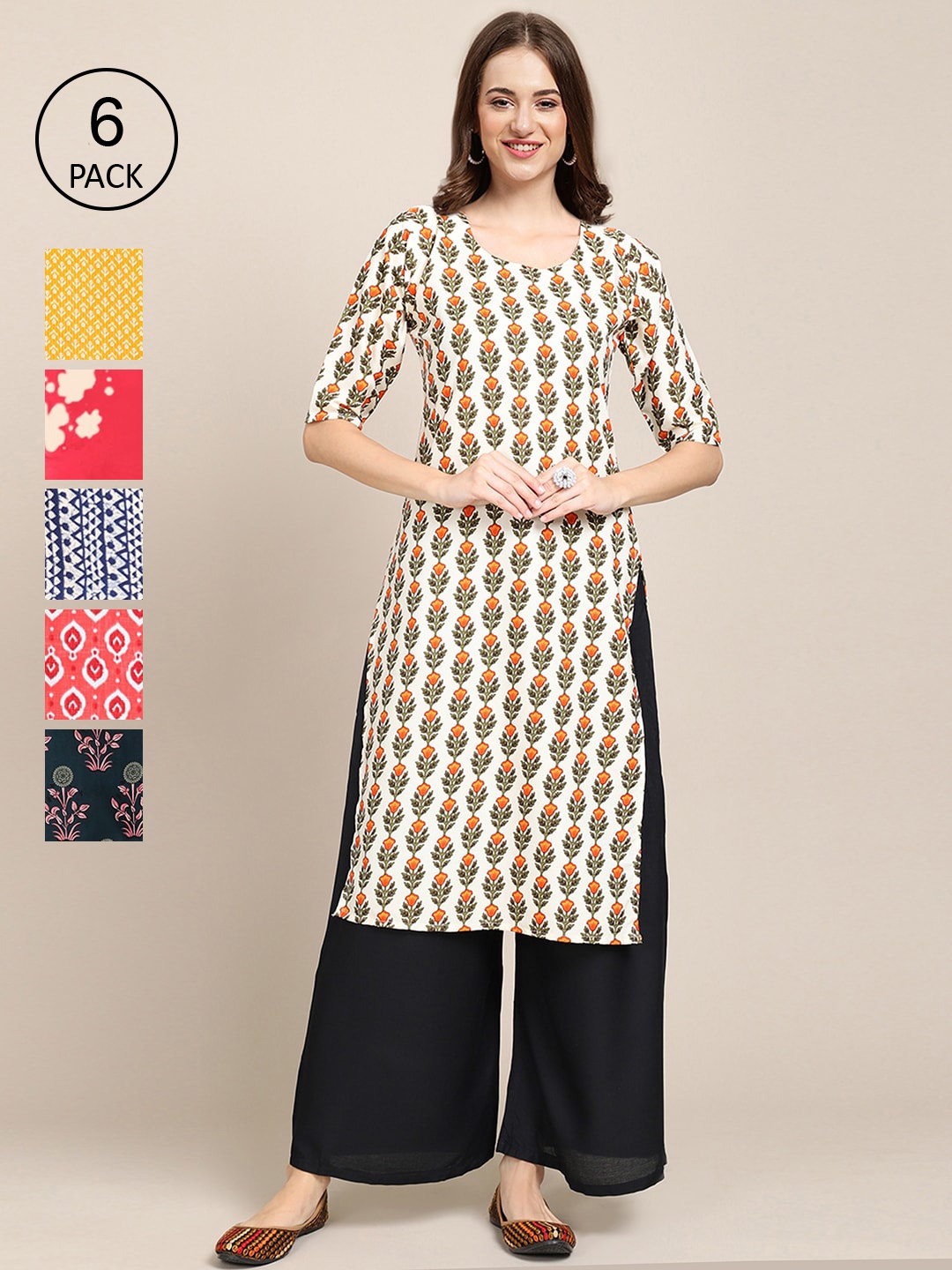 

7Threads Women Beige & Red Pack of 6 Floral Printed Crepe Kurta