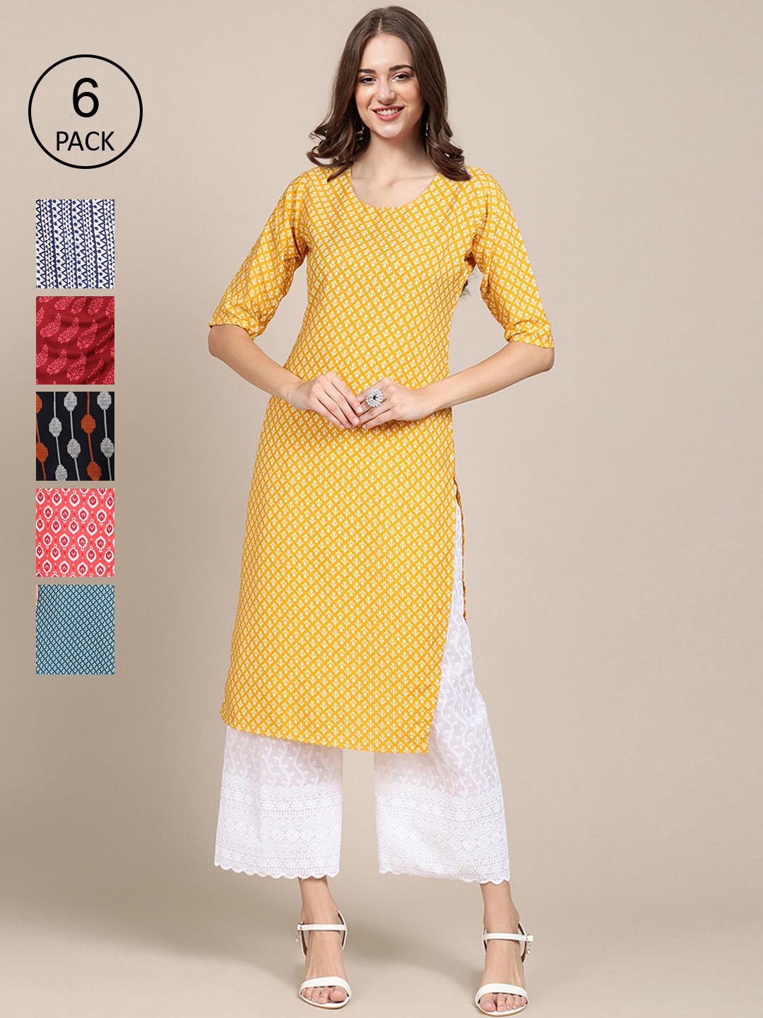 

7Threads Women Yellow & Red Pack of 6 Floral Printed Crepe Kurta