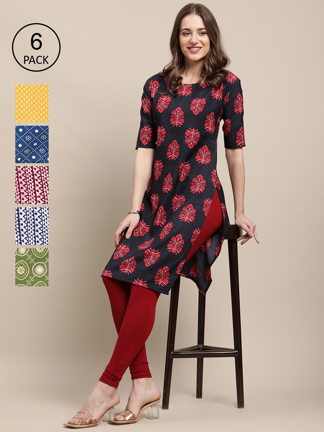 

7Threads Women Black & Green Pack of 6 Floral Printed Crepe Kurta