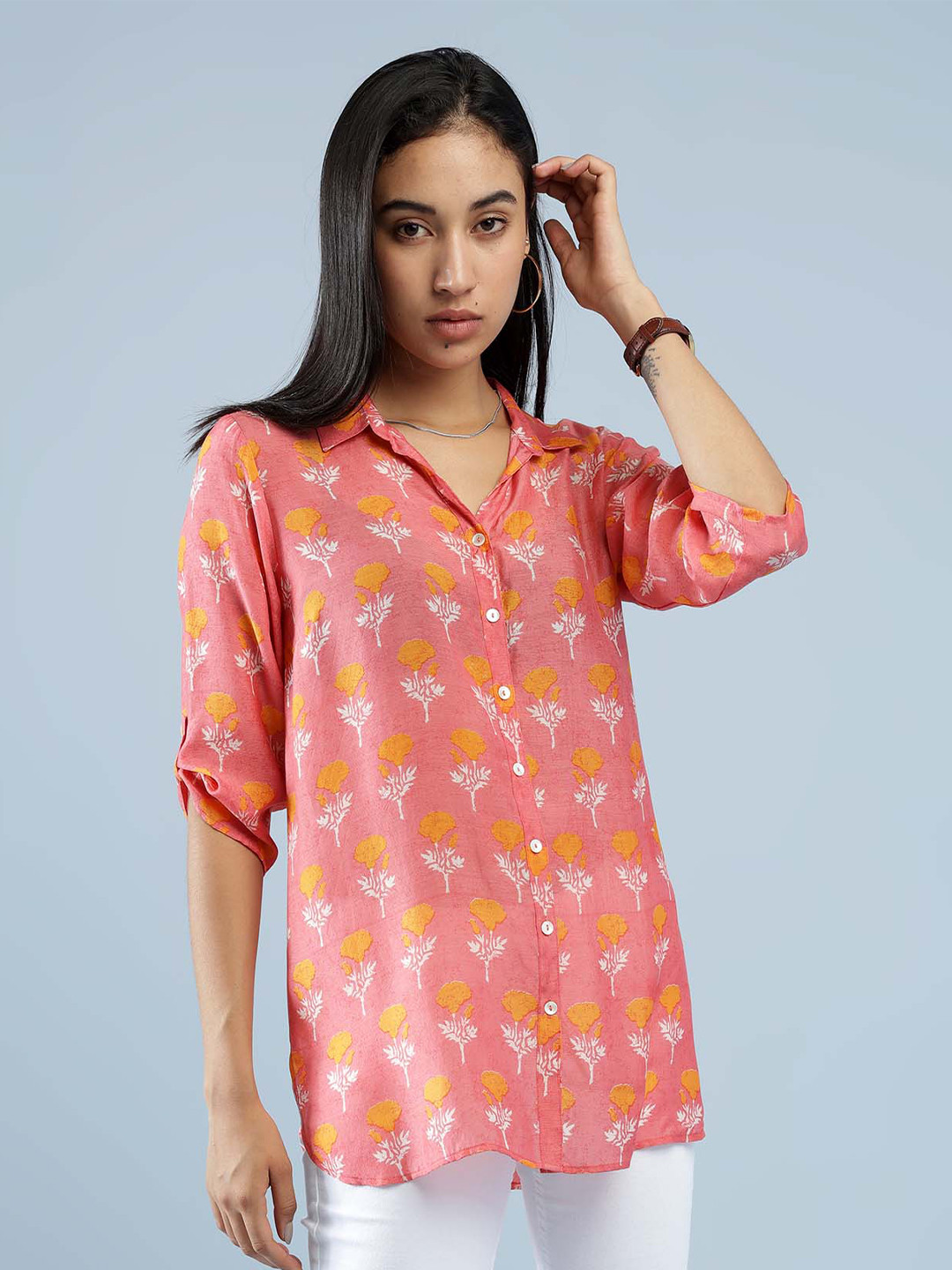 

IDK Women Orange Floral Printed Casual Shirt