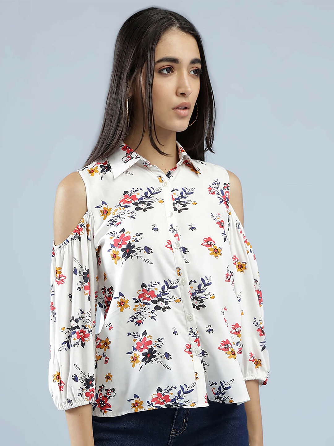 

IDK Women White Floral Printed Cold Shoulder Casual Shirt