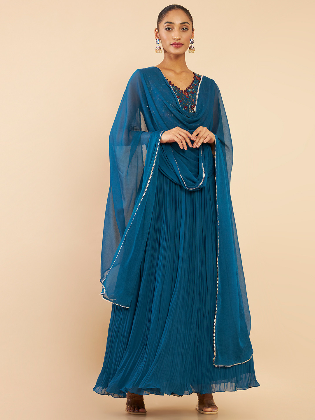 

Soch Women Teal Embroidered Gotta Patti Kurta With Churidar & Dupatta