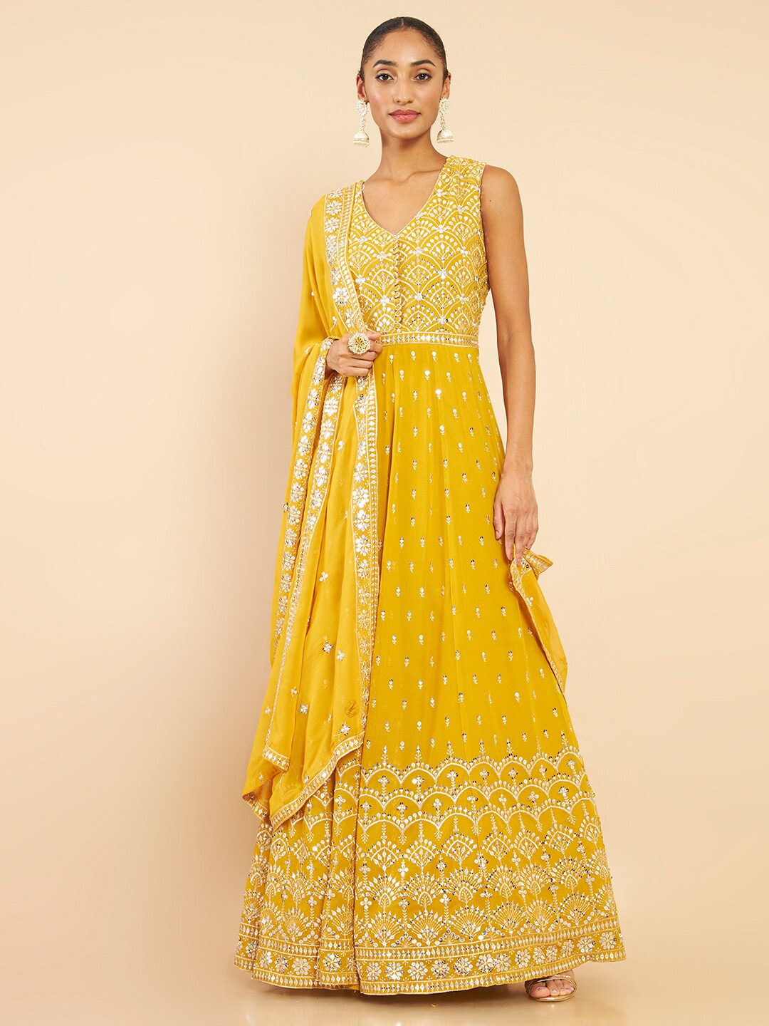 

Soch Mustard Yellow Floral Georgette Ethnic Maxi Dress