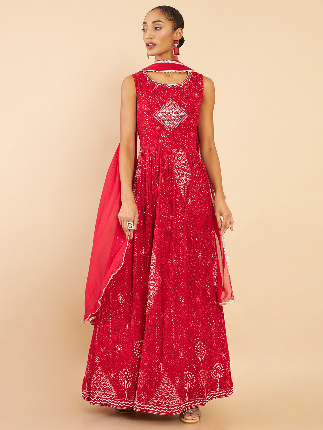 

Soch Women Red Embroidered Sequinned Kurta With Churidar & Dupatta