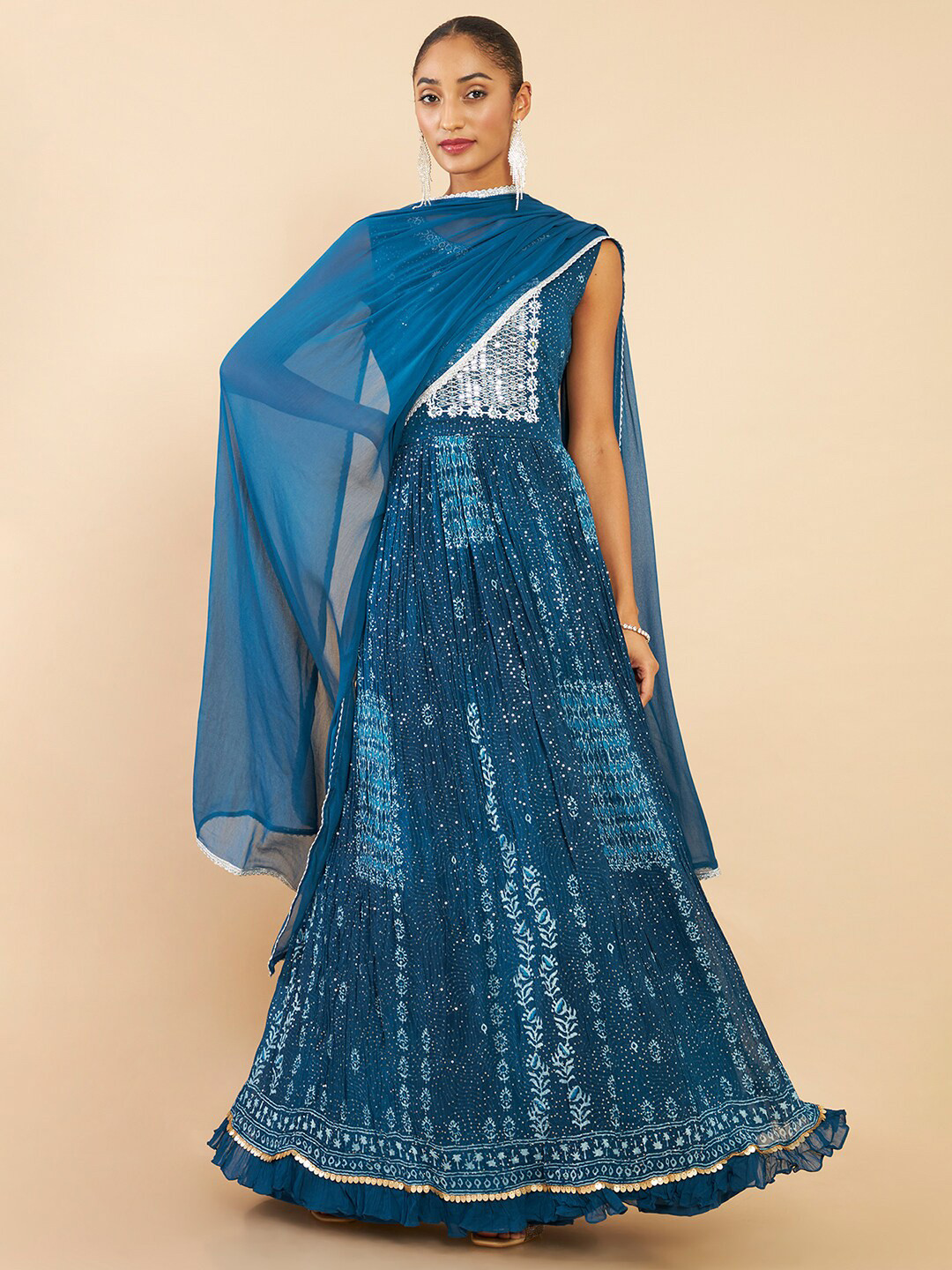 

Soch Women Blue Embroidered Mirror Work Kurta With Churidar & Dupatta