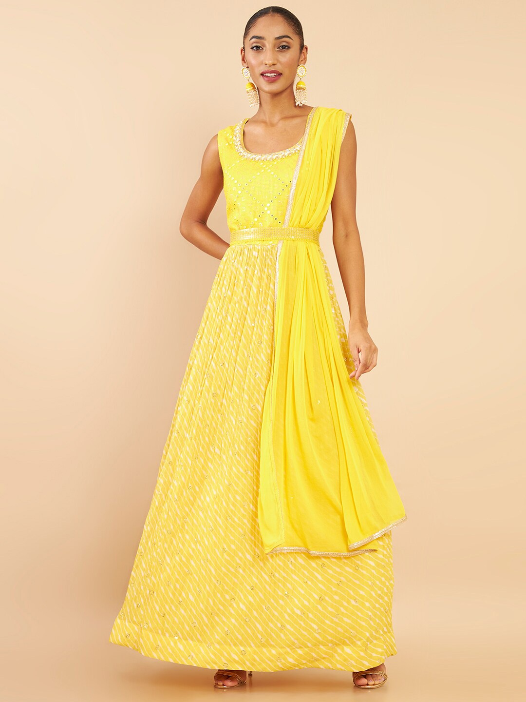 

Soch Women Yellow Embroidered Empire Mirror Work Kurta with Trousers & With Dupatta
