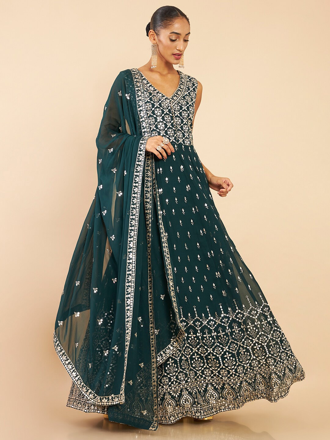

Soch Women Teal Embroidered Mirror Work Kurta With Churidar & Dupatta