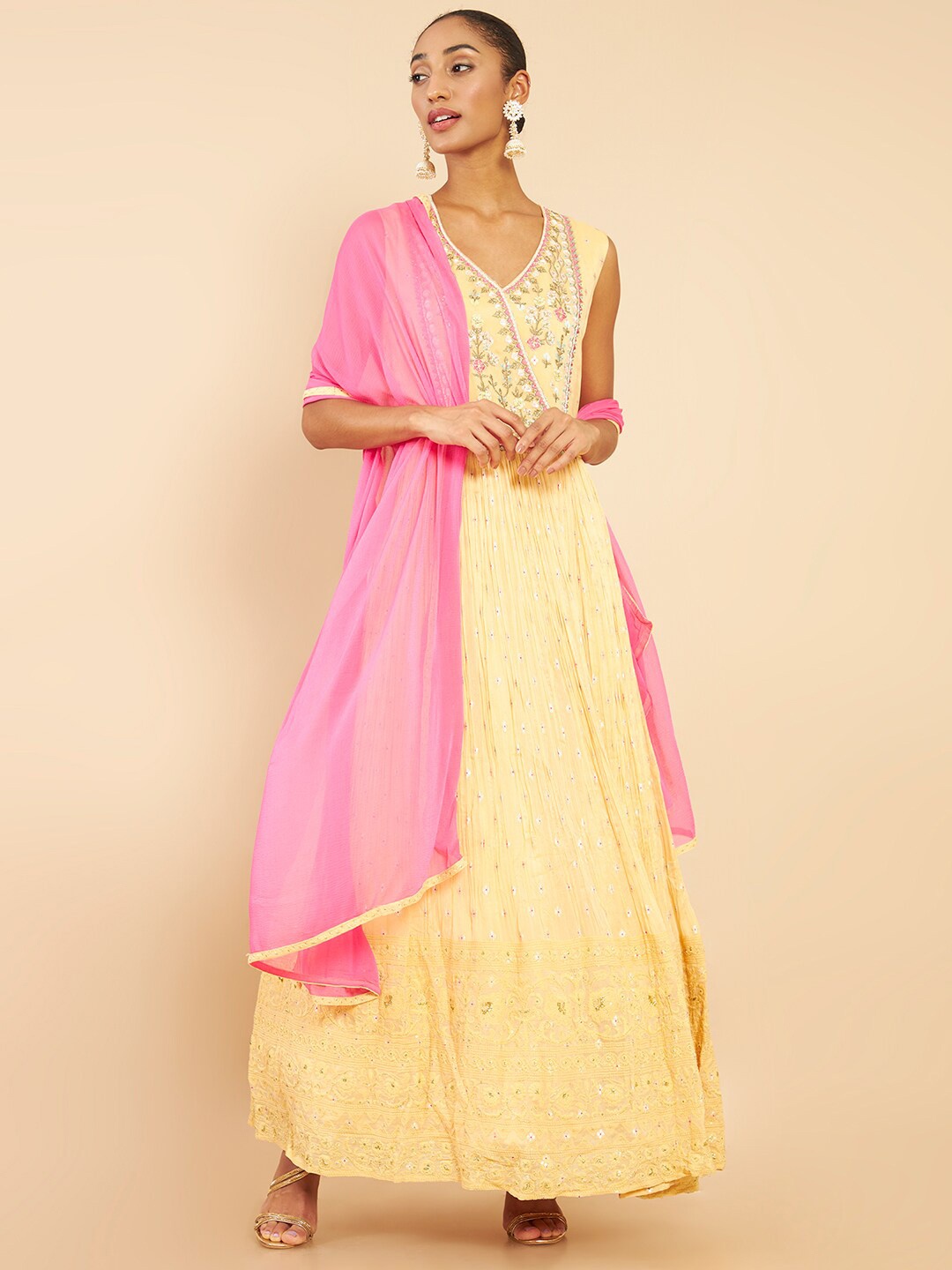 

Soch Floral Embroidered Angrakha Sequinned Kurta with Churidar & Dupatta, Beige