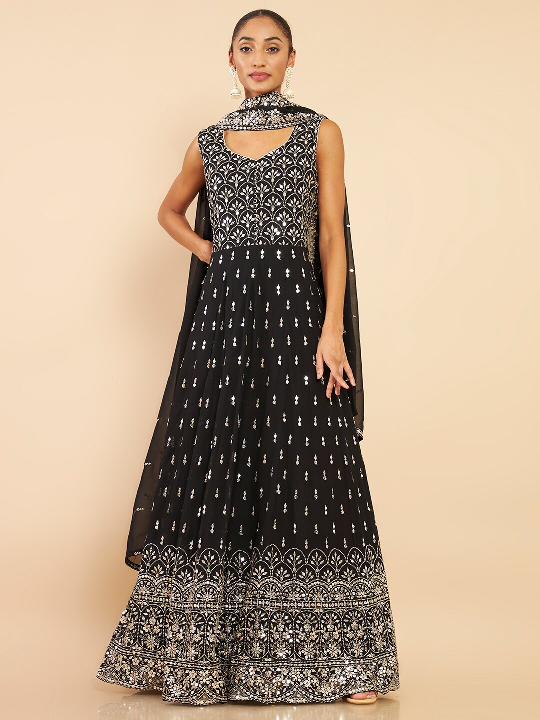 

Soch Women Black Embroidered Sequinned Kurta Churidar & With Dupatta