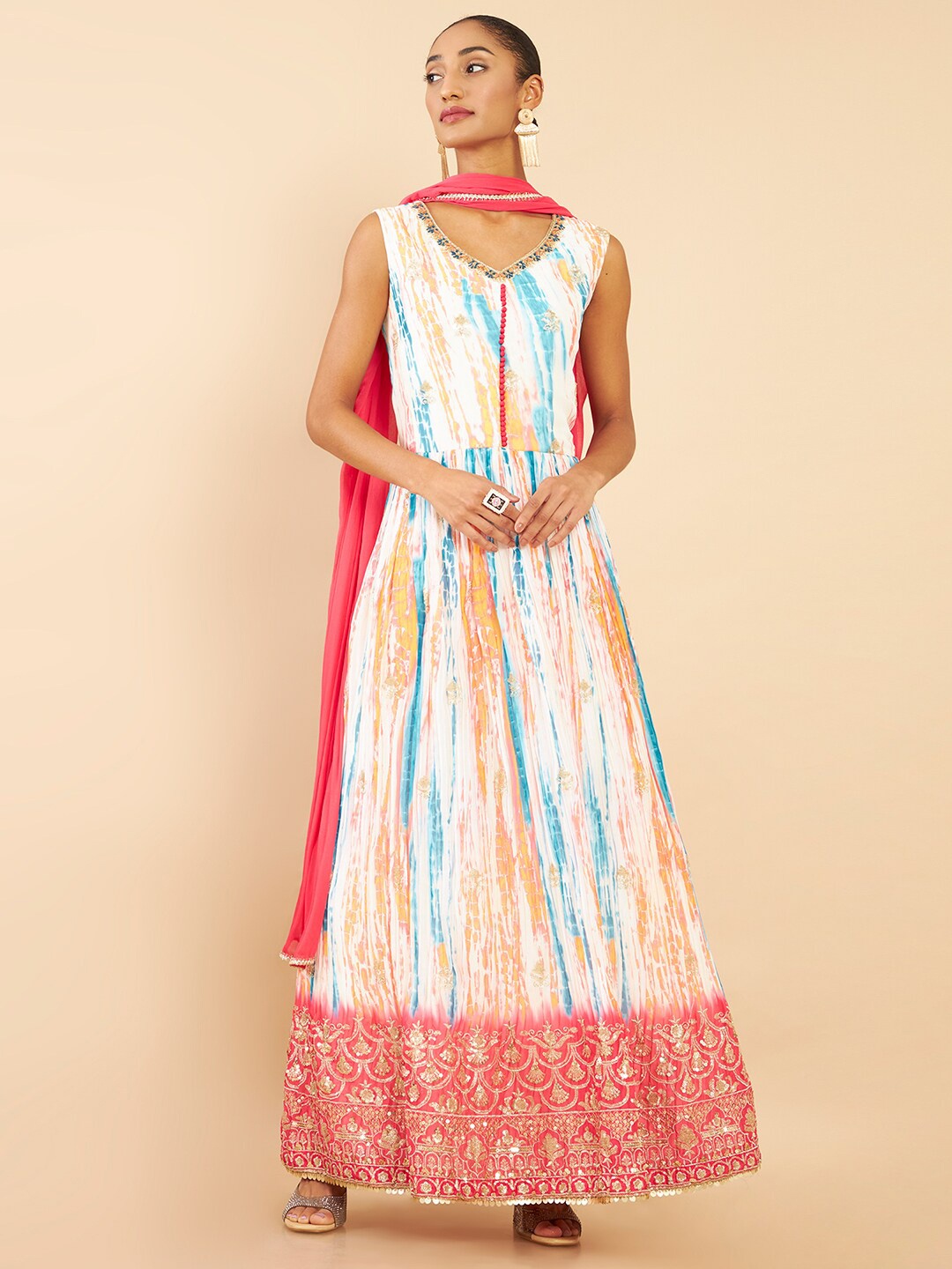 

Soch Women Red Embroidered Sequinned Pure Silk Kurta Churidar & With Dupatta