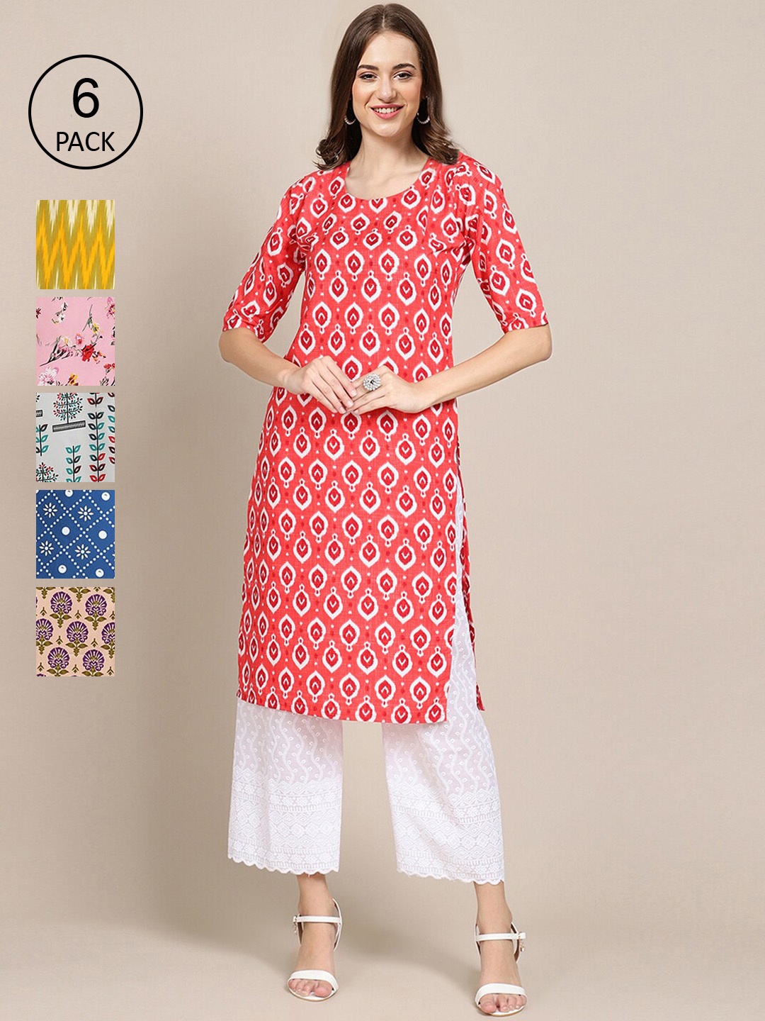 

7Threads Women Pack of 6 Digital Printed Crepe Kurtas, Red