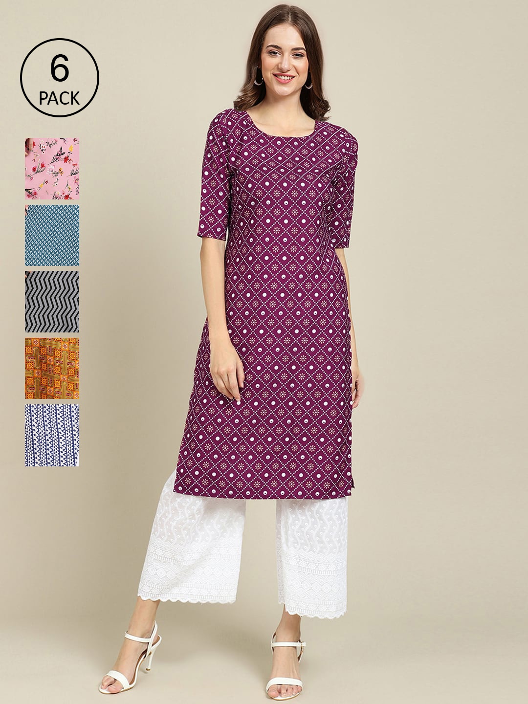 

7Threads Women Pack of 6 Floral Printed Crepe Kurtas, Purple