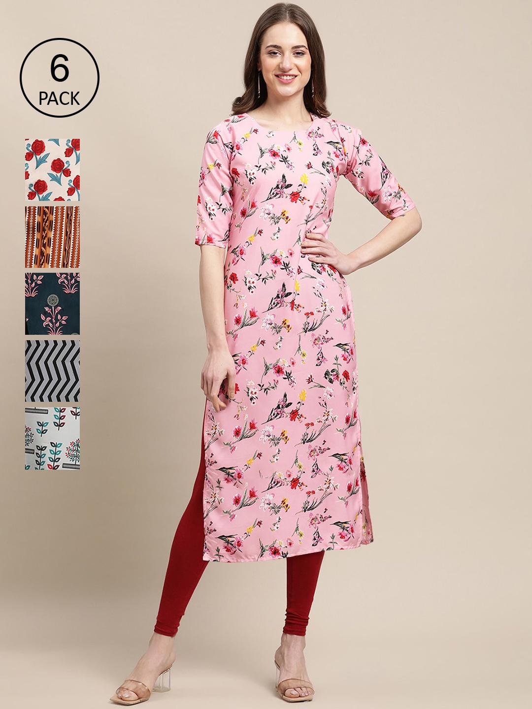 

7Threads Women Pack of 6 Printed Block Print Crepe Kurta, Pink