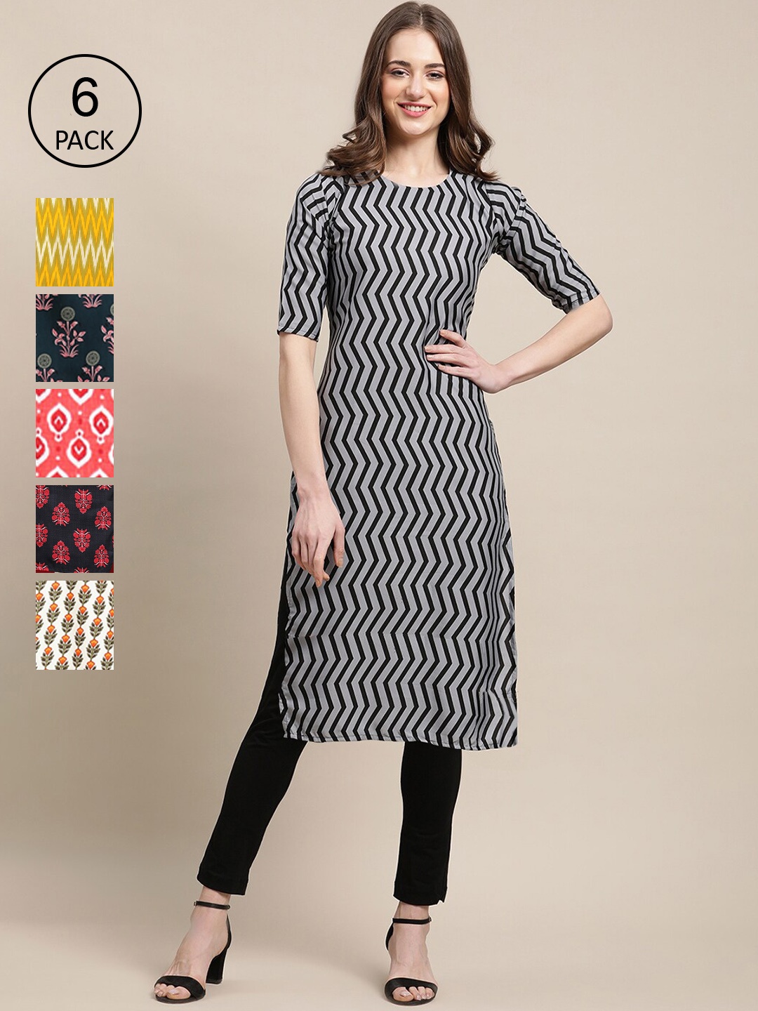 

7Threads Women Pack Of 6 Geometric Printed Crepe Kurta, Black