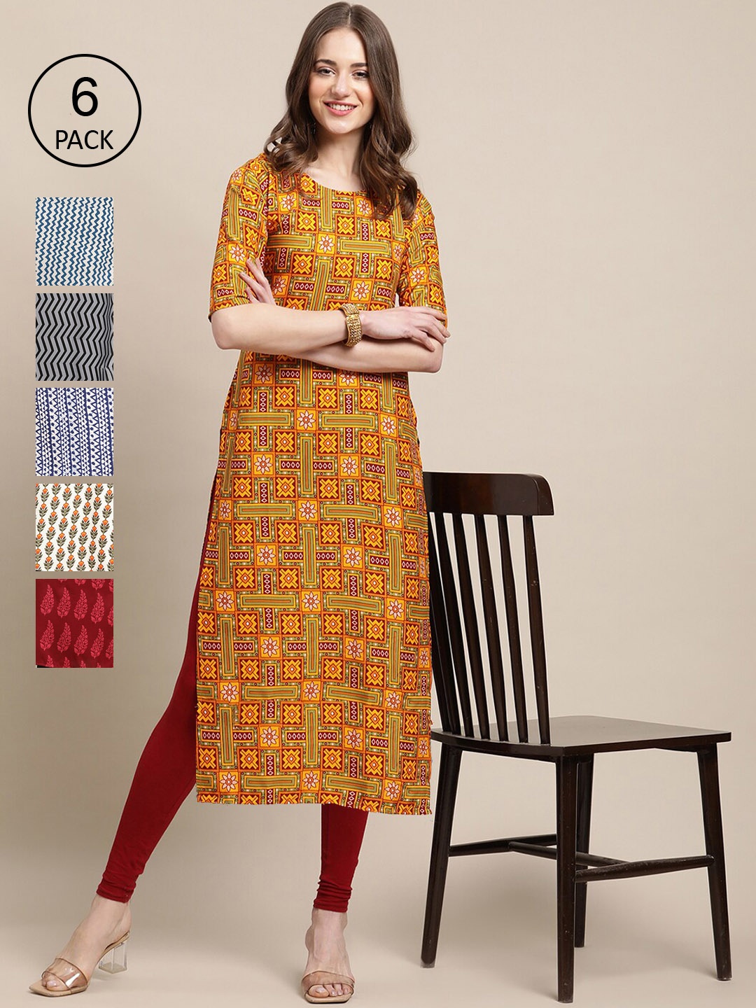 

7Threads Women Pack Of 6 Printed Striped Crepe Kurta, Mustard