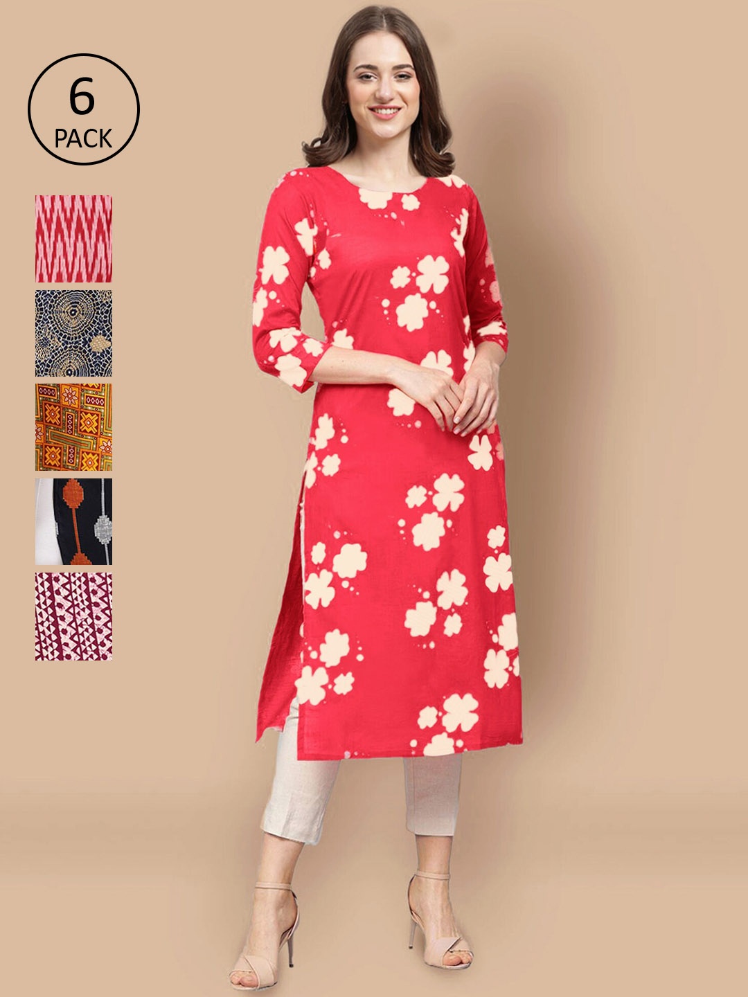 

7Threads Women Pack Of 6 Floral Printed Crepe Kurta, Red