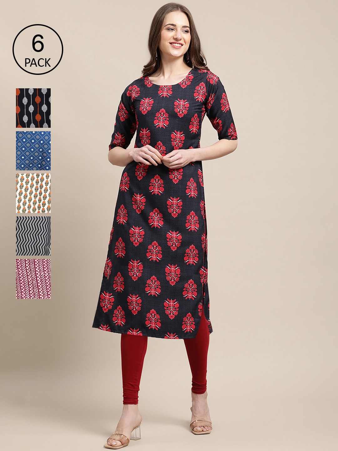 

7Threads Women Pack Of 6 Ethnic Printed Block Print Crepe Kurta, Blue