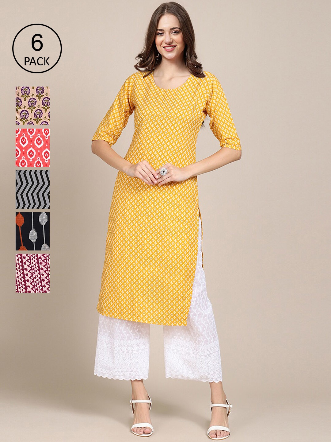 

7Threads Women Pack Of 6 Geometric Printed Crepe Kurta, Yellow