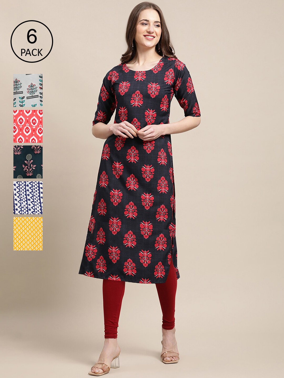 

7Threads Women Pack Of 6 Floral Printed Crepe Kurta, Black